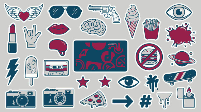 Zestaw kolorowych naklejek w stylu retro z ikonami popkultury, takimi jak okulary, pizza, aparat fotograficzny, kaseta magnetofonowa i inne elementy graficzne na szarym tle.