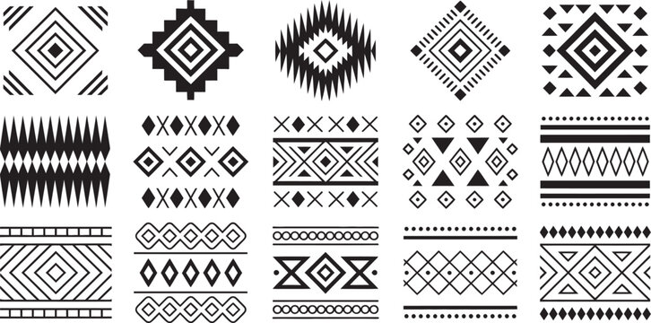 Aztec Navajo border set featuring Southwestern tribal geometric patterns, ornamental ethnic motifs, seamless decorative borders for fabric, packaging, branding, textiles, wallpaper and vector 