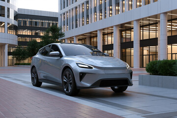 Naklejka premium Silver electric car parked in city