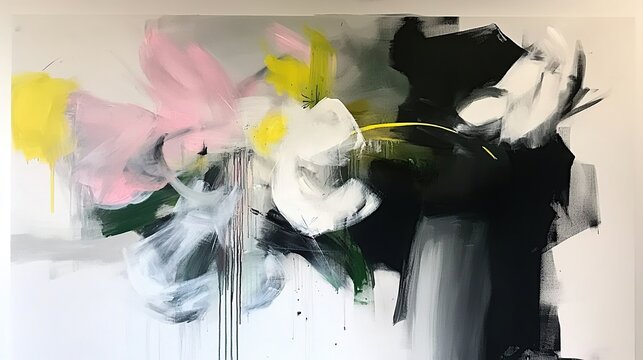 Abstract Floral Bouquet Blending Soft Pastels with Bold Black Strokes and White Highlights