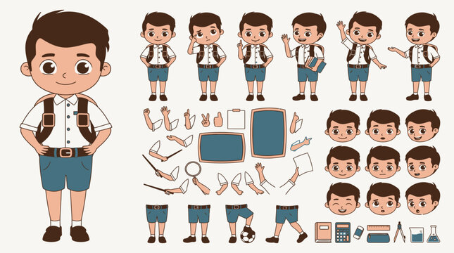 Set di personaggi vettoriali di un bambino studente con zaino, espressioni facciali, gesti delle mani, pose del corpo e accessori scolastici per animazione o design grafico