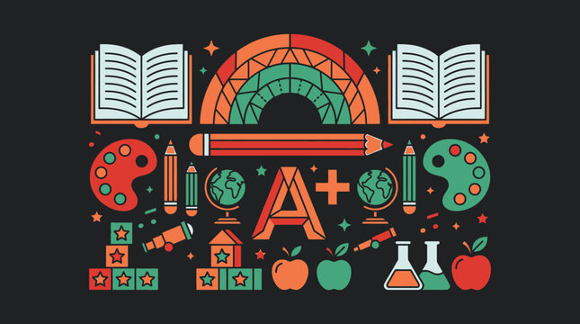 Illustrazione vettoriale piatta con icone scolastiche colorate tra cui libri aperti, arcobaleno, matite, globi, tavolozze di colori, mele e attrezzature scientifiche su sfondo scuro