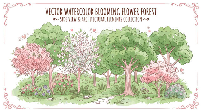 This image appears to be a preview card showcasing a Vector Watercolor Blooming Flower Forest collection intended for landscape and architectural visualization.