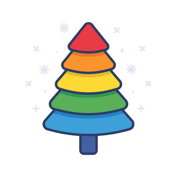 Vibrant colorful tree toy with snowflakes around it in a playful environment