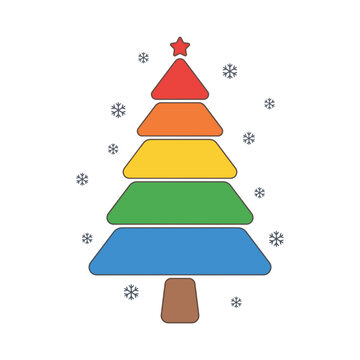 A colorful illustration of a Christmas tree with snowflakes and a star on top