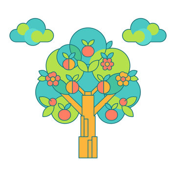 A cartoon tree with colorful fruits and flowers grows under clouds.