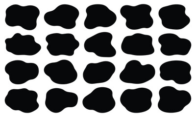 Fototapeta premium Set of twenty irregular black organic splotch shapes arranged in a clean grid layout on a stark white background for design