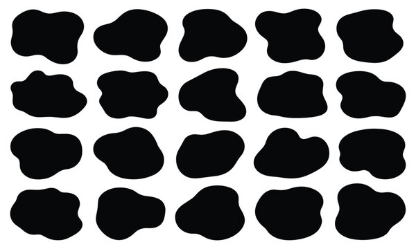 Set of twenty irregular black organic splotch shapes arranged in a clean grid layout on a stark white background for design