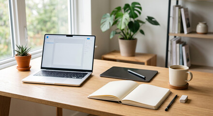 Fototapeta premium Laptop with bright screen, open notebook, desk lamp, coffee mug, and potted plant on an organized wooden workspace with natural window light