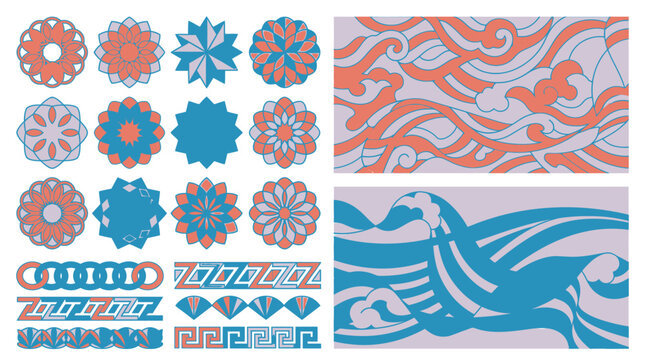 Set di elementi decorativi in stile giapponese con motivi geometrici, mandala floreali, bordi ornamentali e onde stilizzate in tonalit&agrave; pastello blu e corallo su sfondo chiaro.