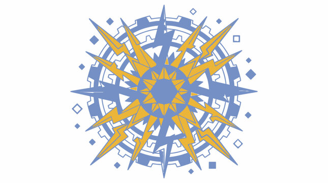 Illustrazione vettoriale di un emblema circolare stilizzato con ingranaggi meccanici, simboli di fulmini e motivi geometrici in tonalit&agrave; blu e oro su sfondo bianco isolato.
