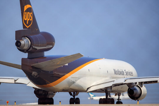 A UPS McDonnell Douglas MD-11 freighter on the apron on January 24, 2018 in Hong Kong.