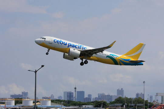 A Cebu Pacific Airbus A320 taking off on July 13, 2025 in Fukuoka, Japan.