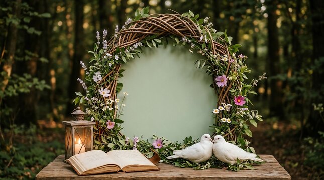 Floral wreath with doves and open book on wooden table