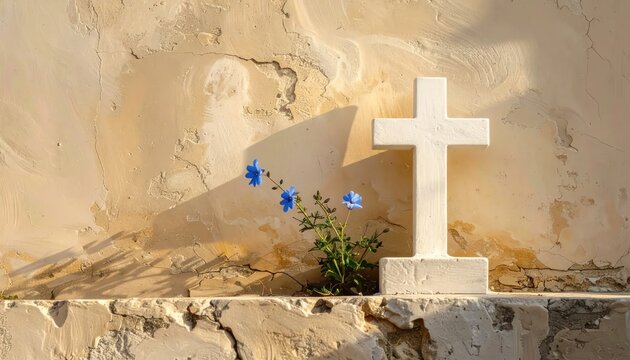 Symbol of Faith - A White Cross Against a Textured Wall.