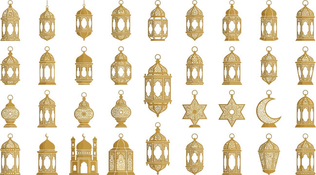 Luxury golden ramadan lantern vector collection with traditional islamic shapes and patterns.