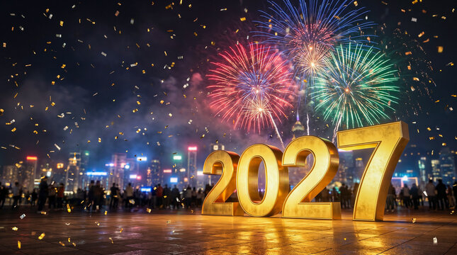 Celebraci&oacute;n del A&ntilde;o Nuevo 2027 con fuegos artificiales, confeti y n&uacute;meros dorados en una escena elegante.