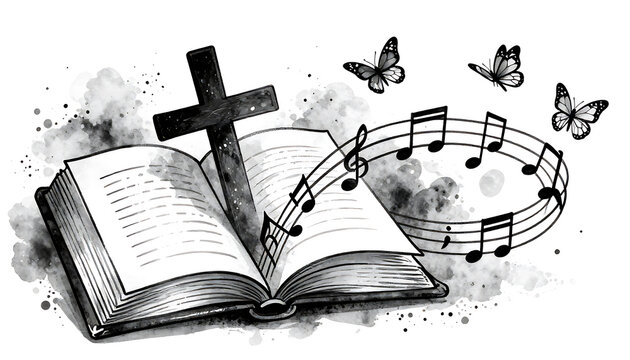Watercolor holy Bible illustration with cross and flying notes
