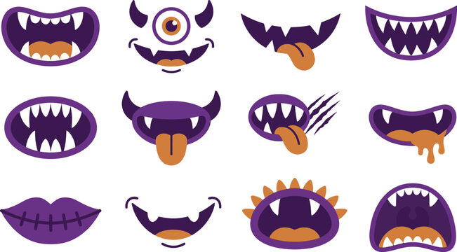 Collection of cartoon monster mouths and faces for Halloween or spooky designs