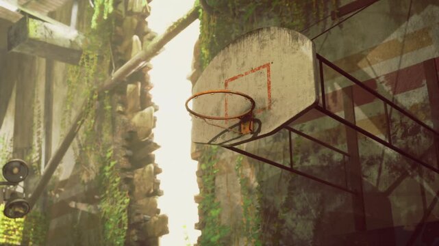 Rusted basketball rim in narrow concrete canyon, heavy shadows and gritty surfaces, peeling paint and weather stains on backboard, distant sliver of sky,