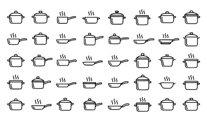 Fototapeta premium Kitchenware Line Art Icon Collection with Steaming Pots Pans and Skillet Designs