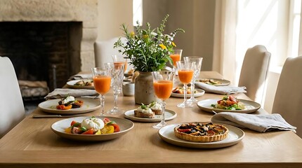 Fototapeta premium Elegant dining table set with various gourmet dishes.