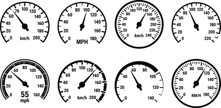 Speedometer and Odometer Vector Icon Set with Car Dashboard Dial Gauges Indicating Kilometers and Miles Per Hour for Automotive Interface Designs