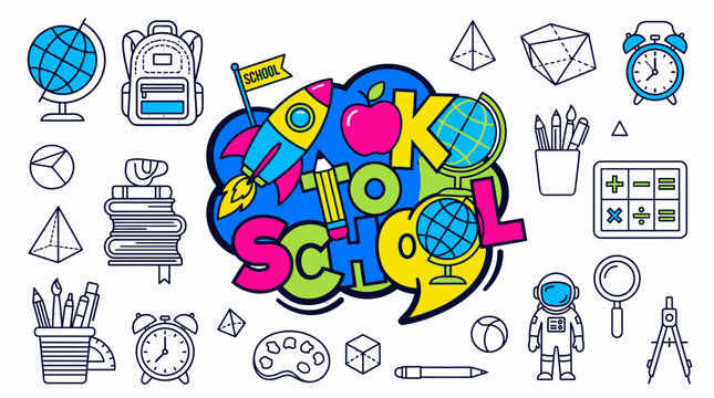 Kolorowy napis Powr&oacute;t do szkoły otoczony zestawem ikon edukacyjnych, takich jak globus, rakieta, przybory szkolne i figury geometryczne na białym tle w stylu ilustracji wektorowej.