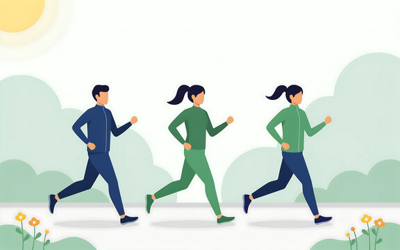 Three people running outdoors vector illustration for health and fitness concepts