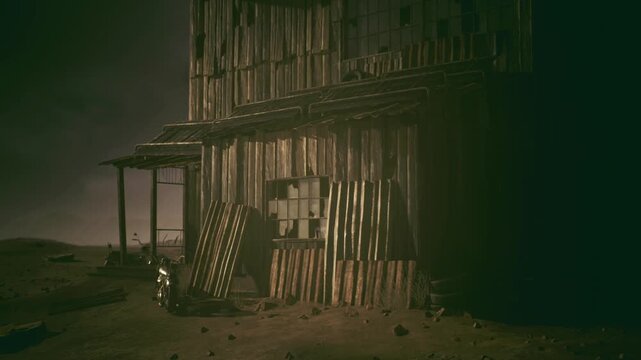 Empty supply depot with stacked barrels and scattered pallets, plank walls pierced by gaps, lowkey green ambiance, sense of halted industry and longforgotten