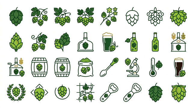 Flat Design Hops and Beer Brewing Icons Collection.