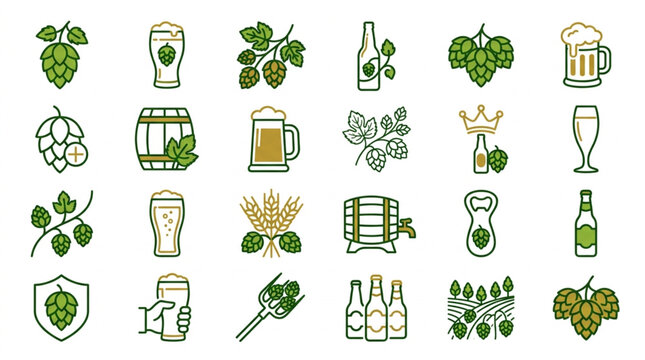 Flat Design Hops and Beer Icons Collection.