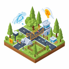 Isometric illustration of a small town with roads and greenery.
