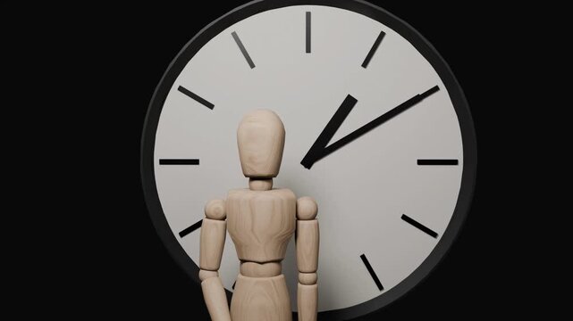Wooden mannequin with clock stopping time, concept of burnout, exhaustion and lost time