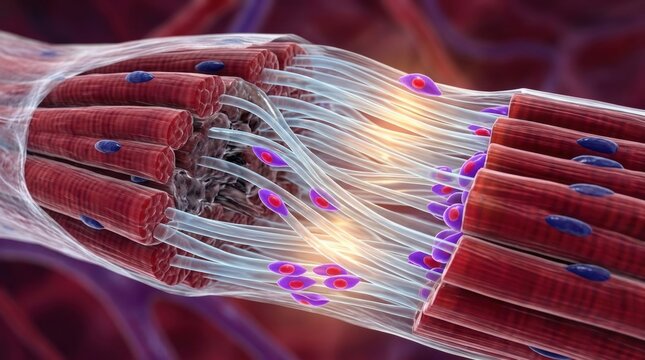 Detailed 3D illustration of skeletal muscle fibers and nuclei