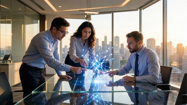 Business Professionals Collaborating on Digital Hologram in Modern Office with Cityscape
