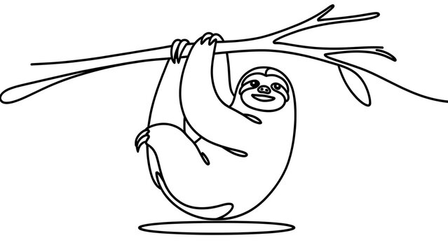 Sloth hanging from branch white background.
