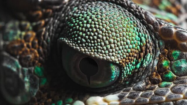 Extreme macro close-up of a chameleon's eye showing intricate scale textures and iridescent teal patterns with a vertical pupil and detailed granular skin structure.