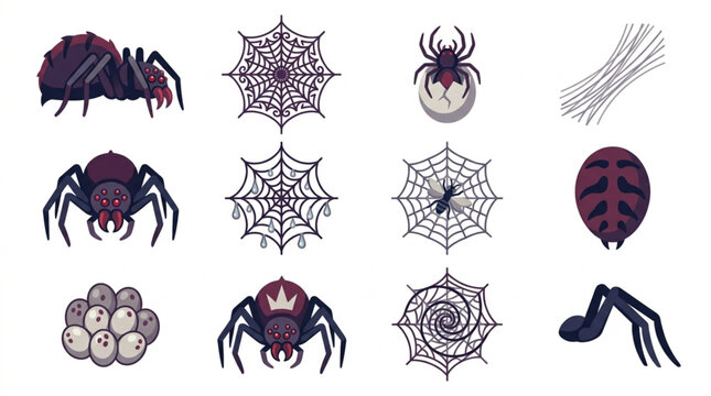 Collection of Spiders and Spiderwebs Vector Illustrations.