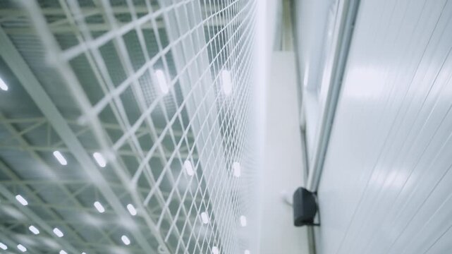 Modern grid ceiling structure of arena features intricate fencing-style net on panel. Industrial look emphasized by numerous linear light