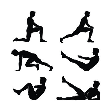 Male athlete silhouettes demonstrating floor exercises core workouts and leg stretches for fitness design.