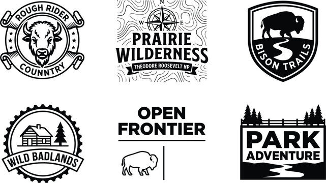 Set of vintage style bison with collection six distinct black white vector style emblems logos