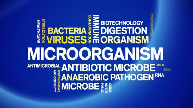 Microorganism animated word cloud-text design animation tag kinetic typography seamless loop.
