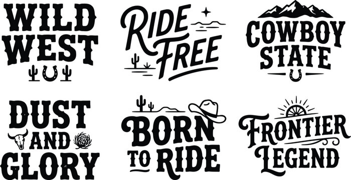 Western themed typography collection featuring vintage style quotes and desert icons for apparel