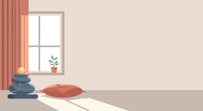 This minimalistic vector illustration features a peaceful room with sunlight streaming through a window onto a meditation cushion and zen stones.