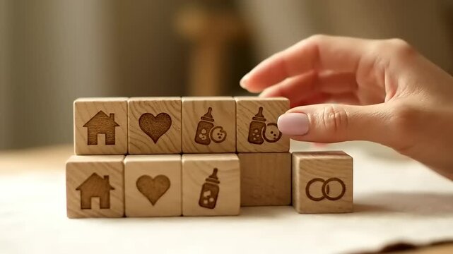 Hand Arranging Wooden Blocks with Life Milestones Symbols.