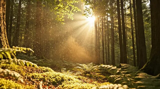 Sunlight rays streaming through forest trees onto mossy ground with ferns and floating dust motes during golden hour, highlighting woodland vegetation and atmospheric lighting.