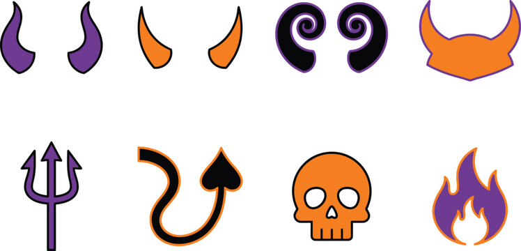 Halloween devil symbols and icons set with horns and skull