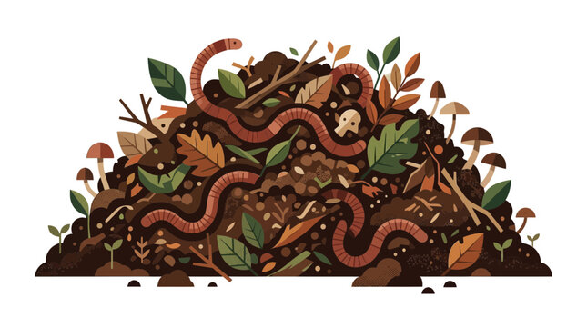 Earthworms in Compost Pile with Autumn Leaves and Mushrooms