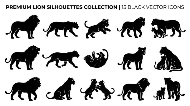 Premium lion silhouettes collection, 15 black vector icons of wild cats. African lion pride set with cubs and lionesses. Minimalist animal shapes for logo design.